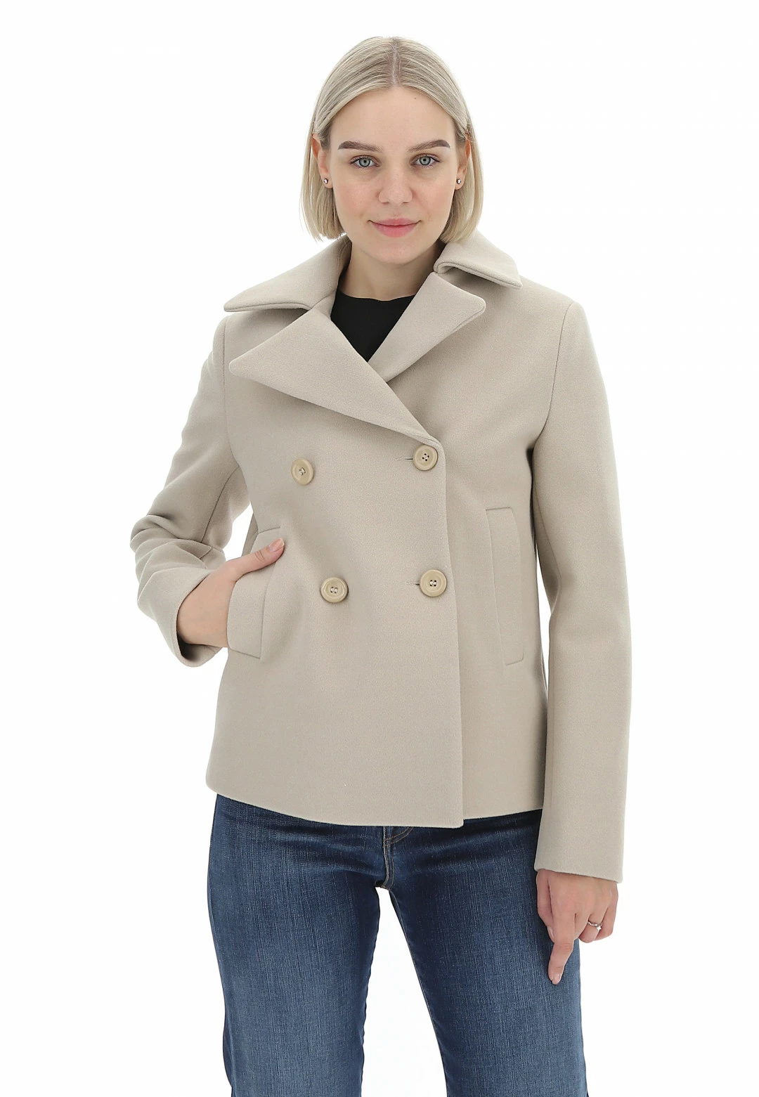 Cappottino Doppio Petto Foderato Eks Corto In Tinta Unita Con Tasche A Filo - immagine 13