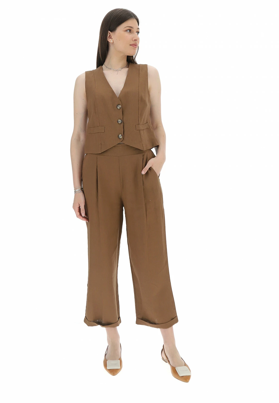 Gilet Crop Smanicato Susy Mix Donna In Misto Lino E Viscosa - immagine 5