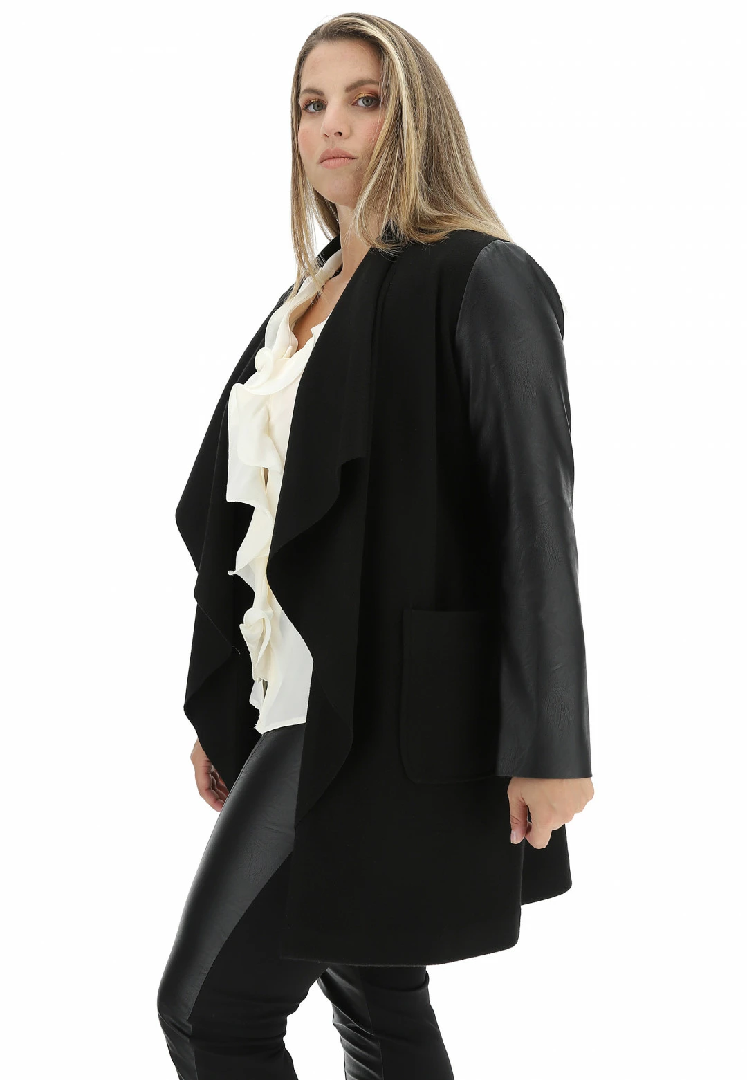 Cappottino Aperto In Panno E Similpelle Jiveley - immagine 2