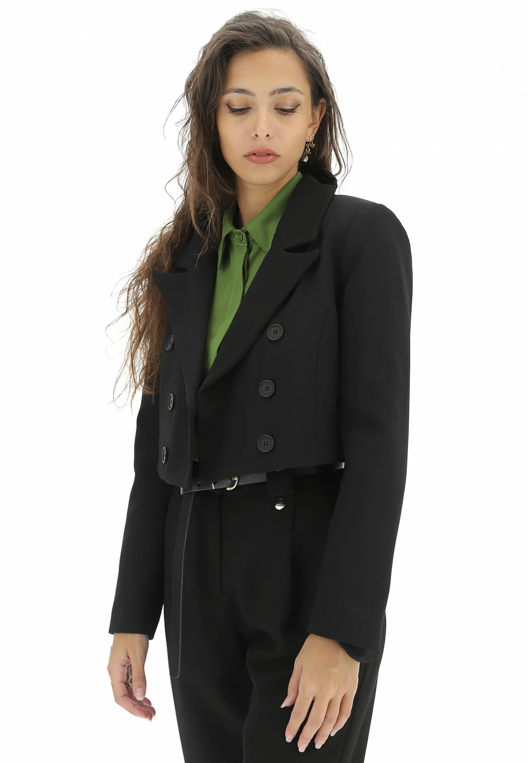 Giacca Crop Eks Doppio Petto Con Tramatura A Costine Diagonali In Tinta Unita Made In Italy