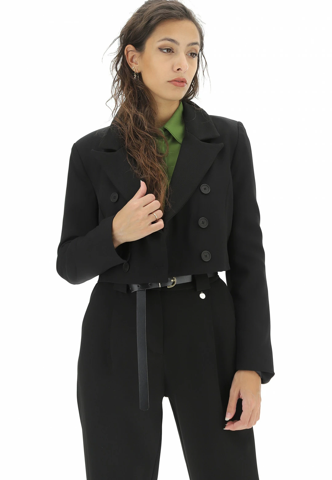 Giacca Crop Eks Doppio Petto Con Tramatura A Costine Diagonali In Tinta Unita Made In Italy - immagine 2