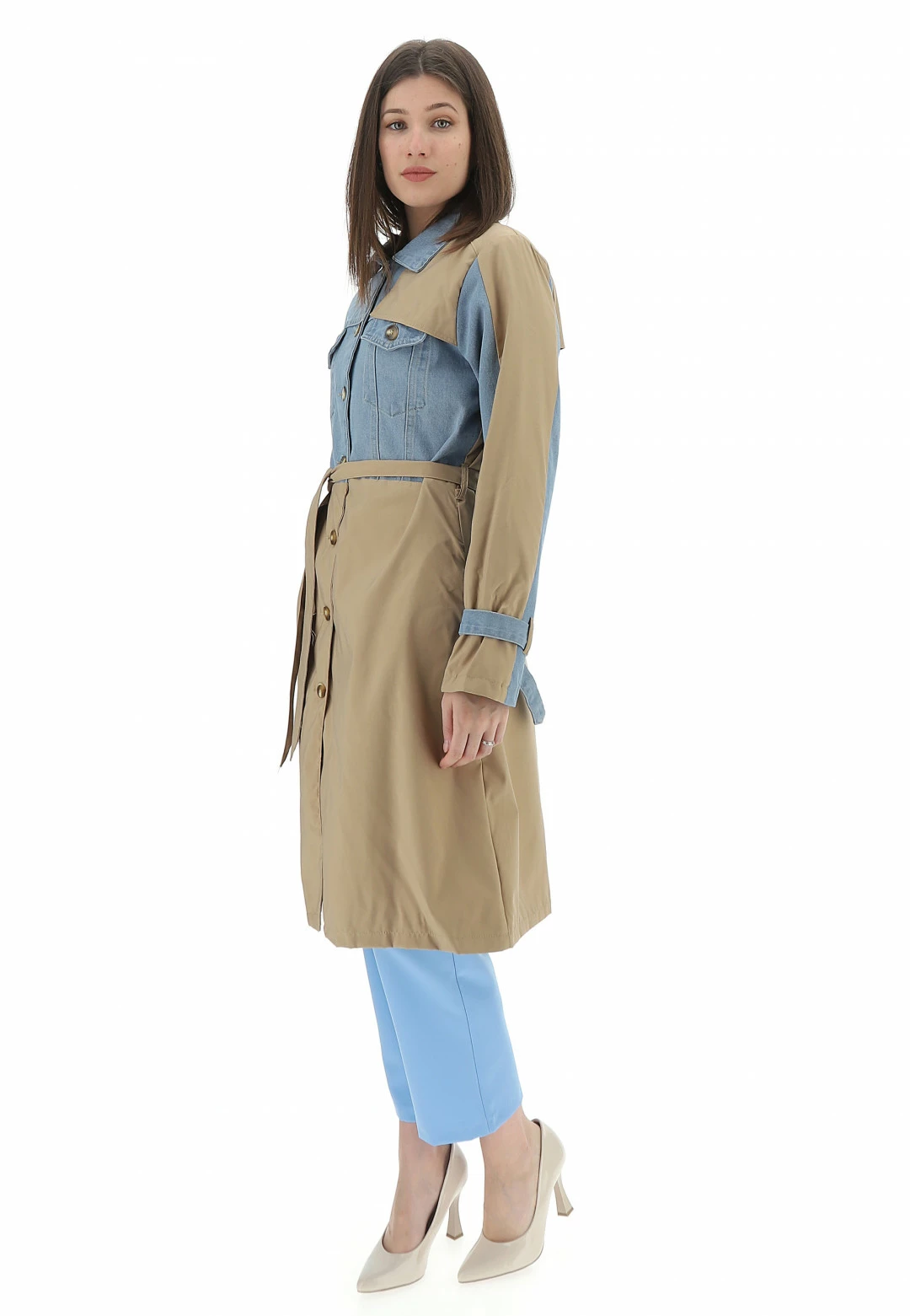 Trench Lungo Inserti Denim Softy Donna - immagine 2