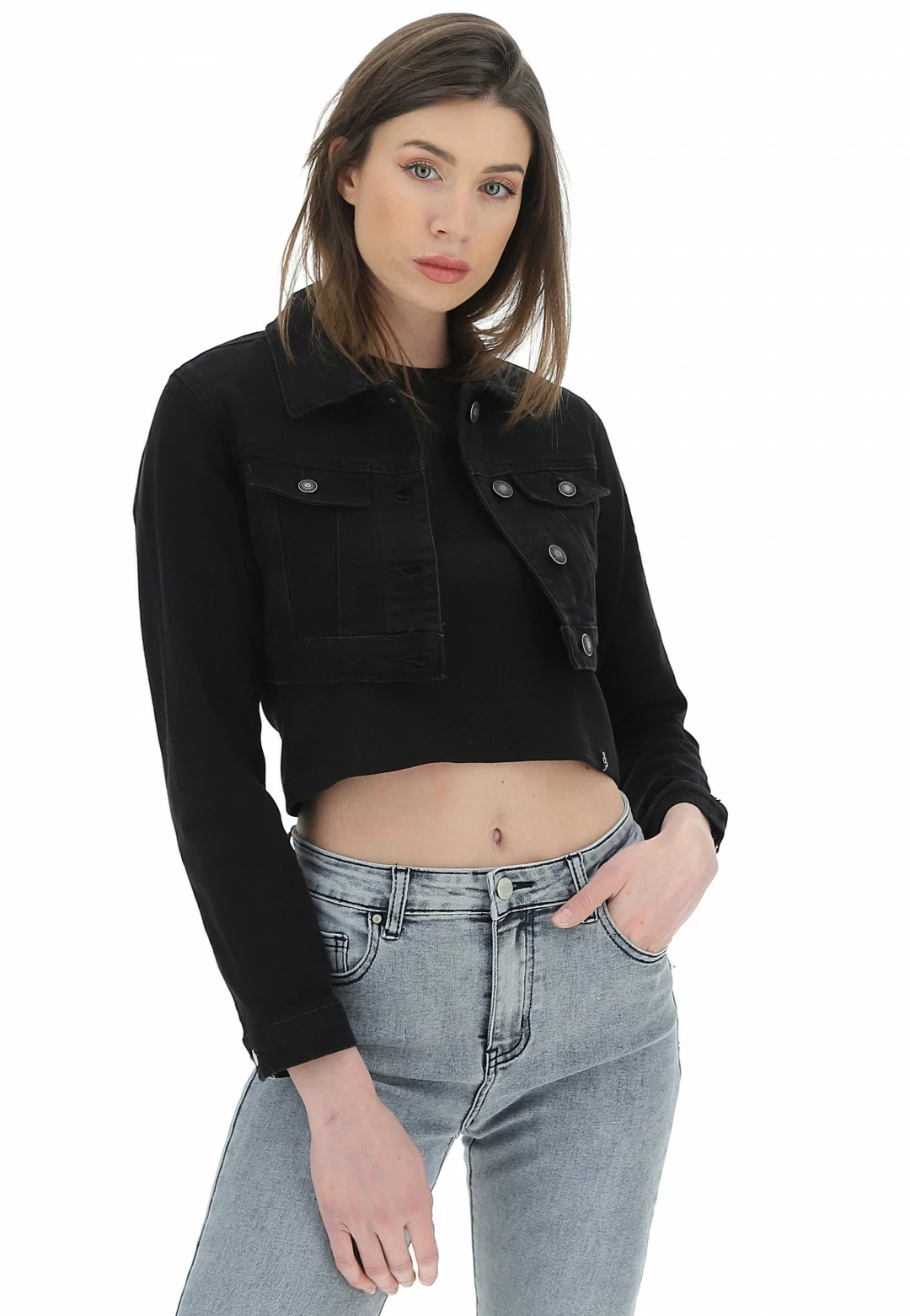 PINK PEPPER Giubbino Crop In Denim Tinta Unita