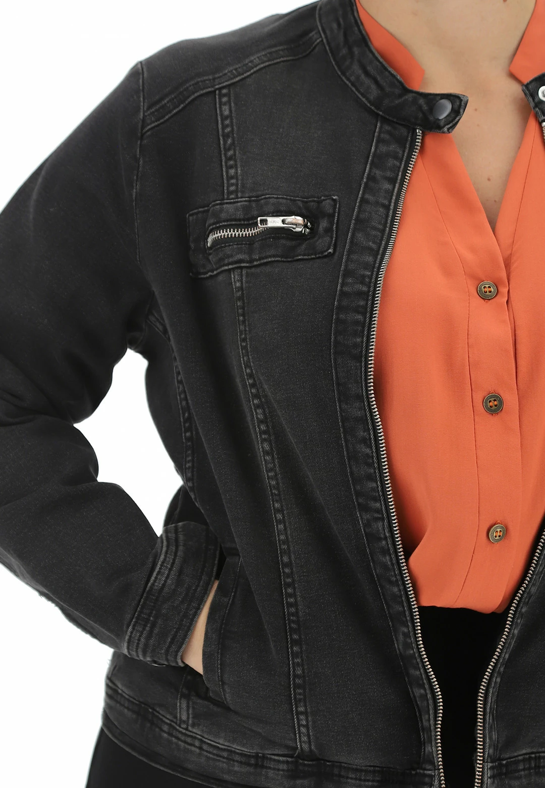 Giubbino In Jeans Collo Coreana Nero Only Carmakoma - immagine 4