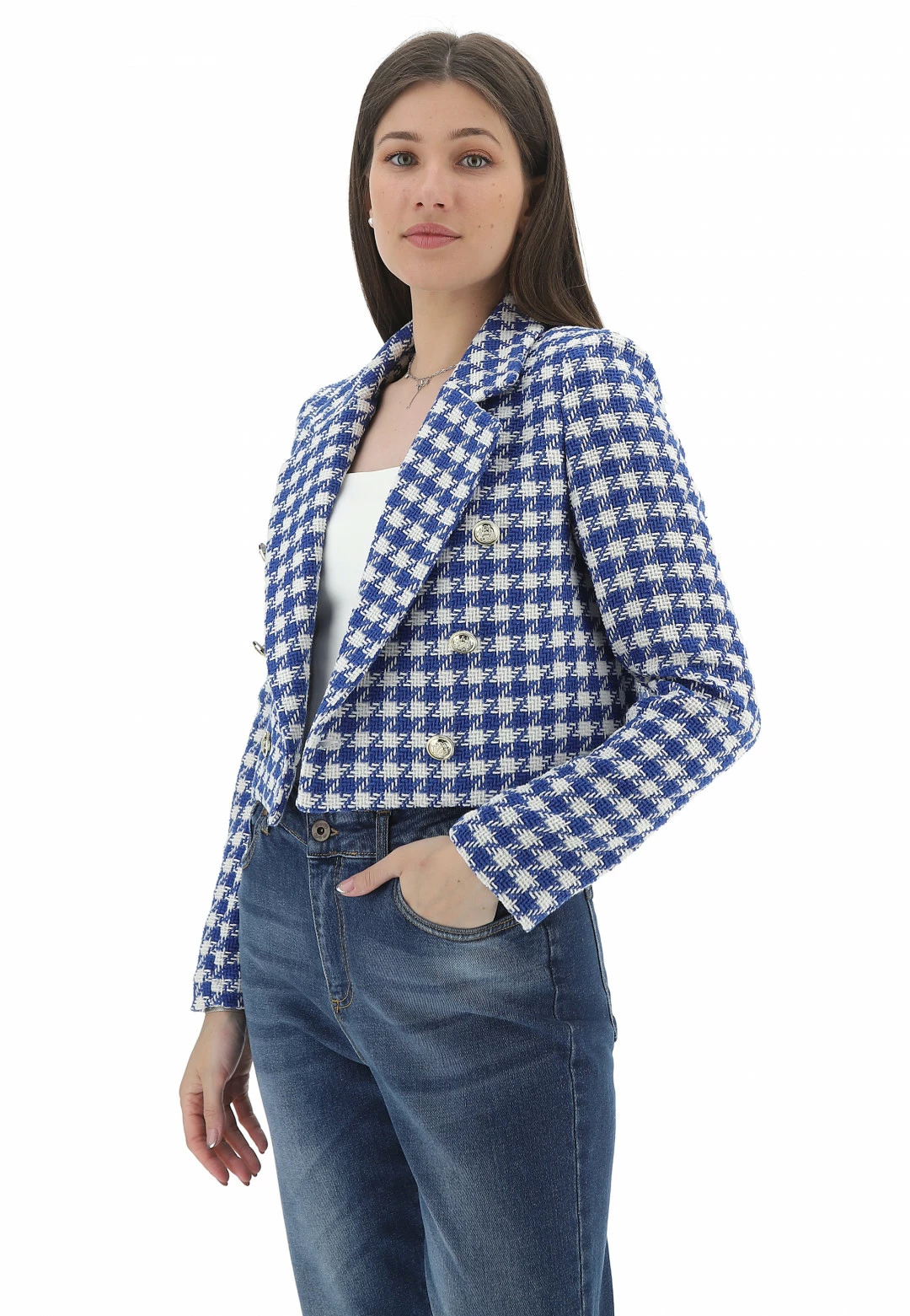 EKS Giacca Crop Doppiopetto èks Donna In Fantasia Pied De Poule - immagine 2